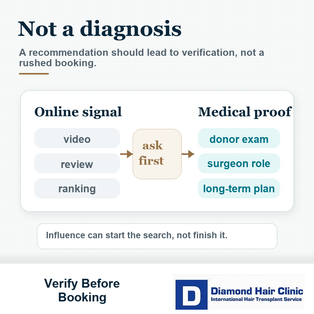 Visual showing influencer recommendations should be verified with donor assessment surgeon role and long-term planning before committing