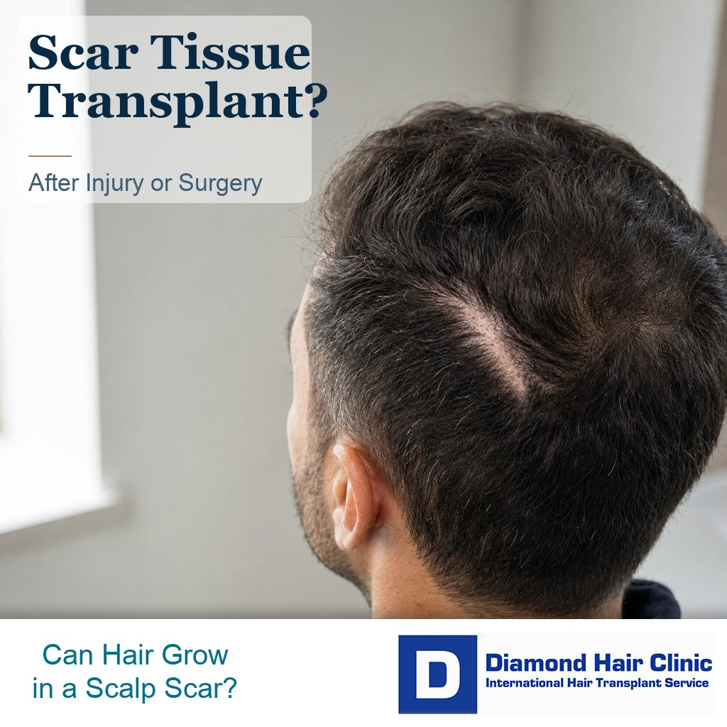 Adult male patient with a stable scalp scar being assessed for hair transplant into scar tissue.