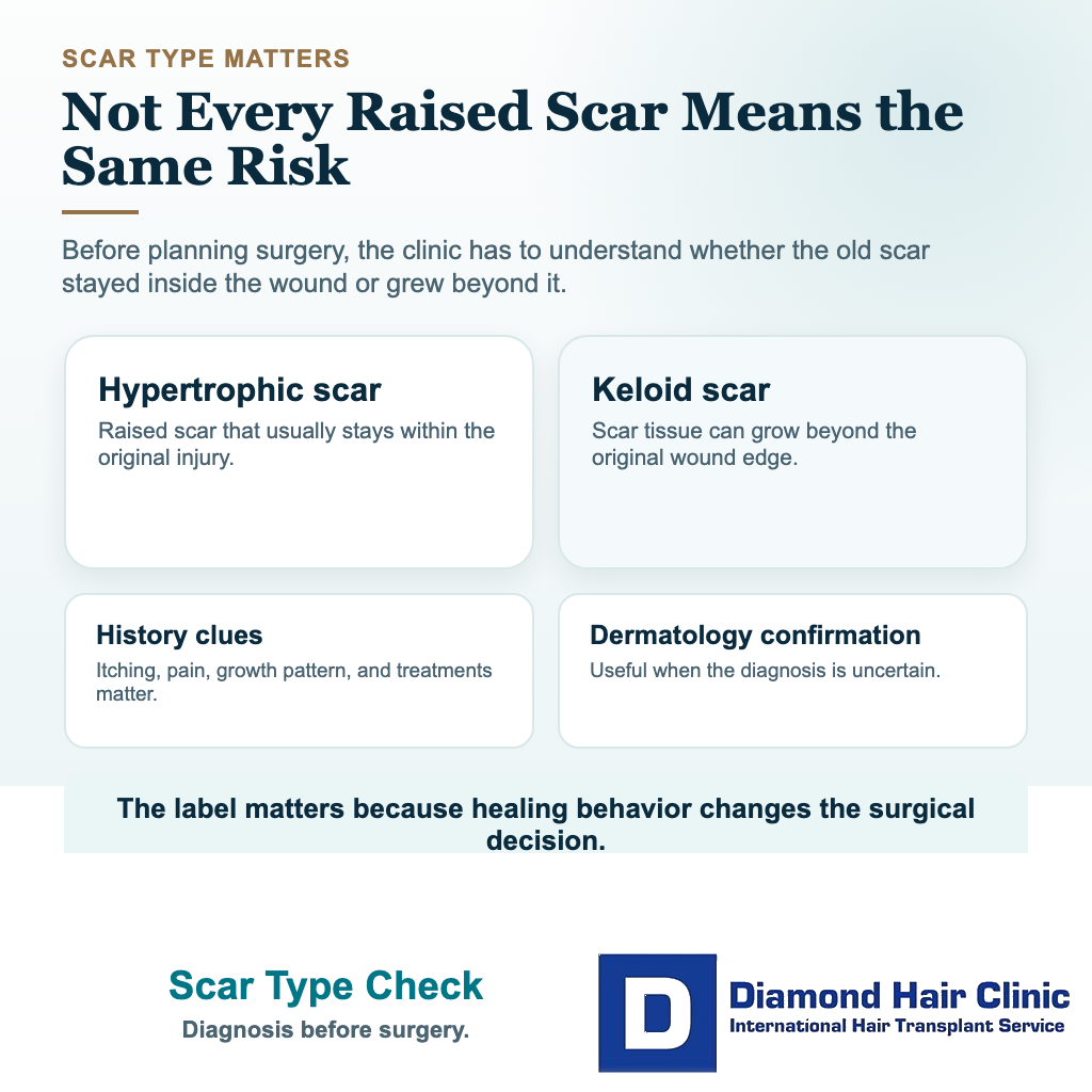 Visual explaining the difference between keloid and hypertrophic scar history before hair transplant surgery