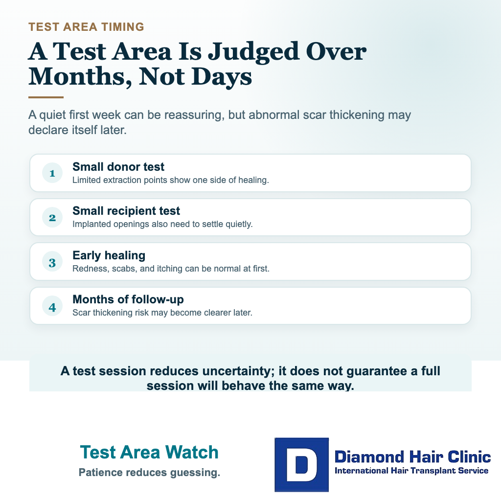 Visual explaining why a keloid-prone hair transplant test area needs months of observation before a larger session