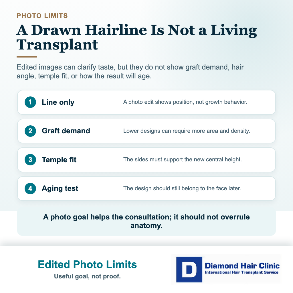 Visual explaining why edited lower hairline photos can mislead hair transplant planning