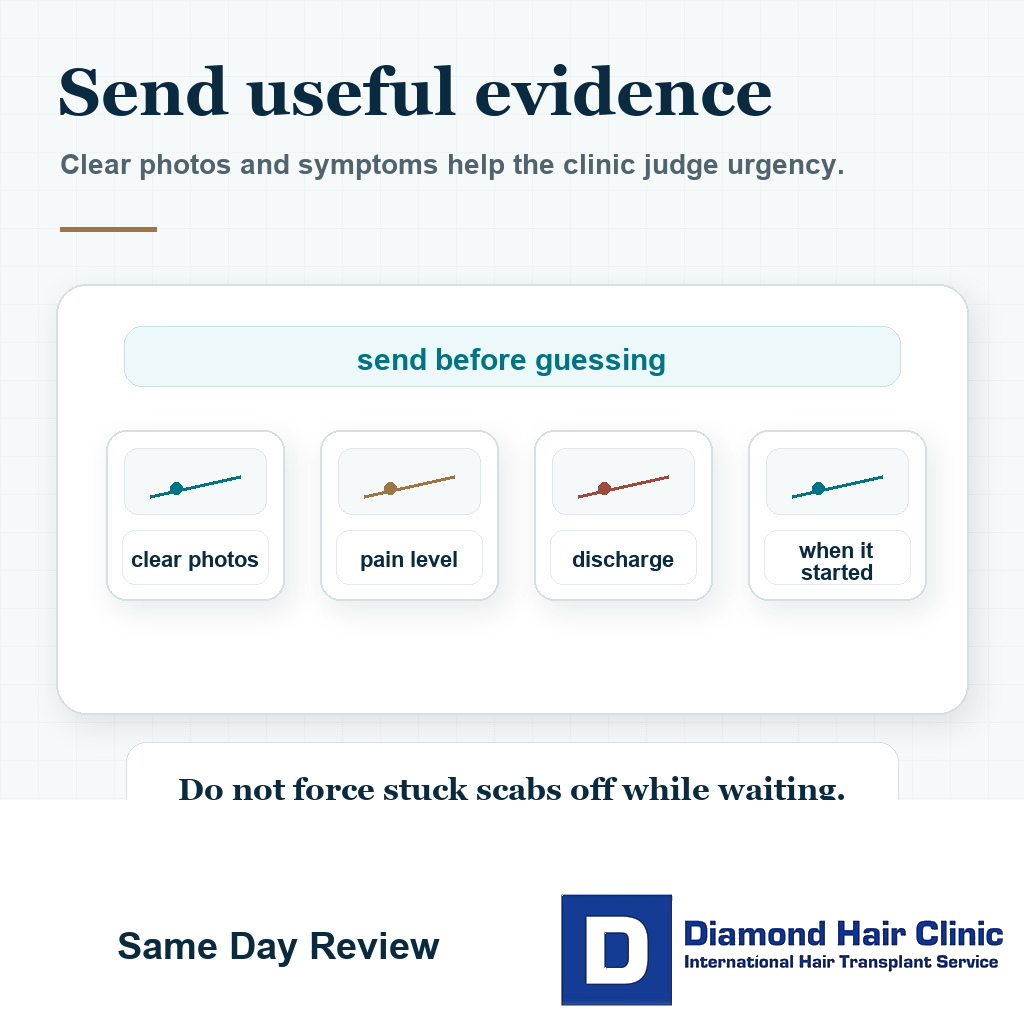 Visual showing what photos and symptoms to send for same-day review of a concerning hair transplant wound