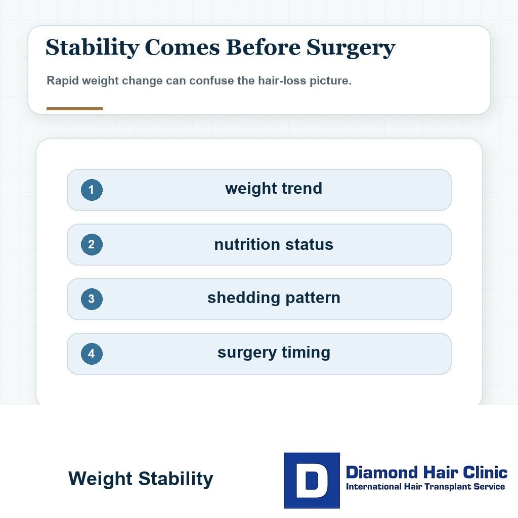 Visual explaining weight stability before hair transplant planning with Ozempic or weight loss medication