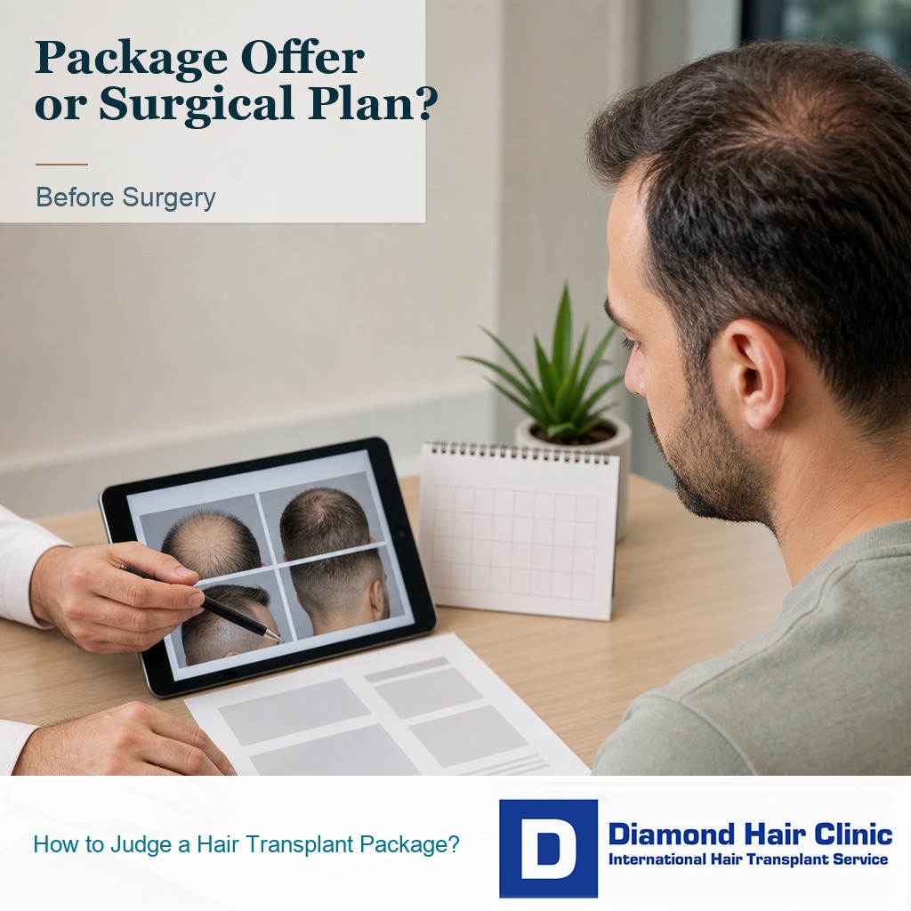 Patient reviewing a hair transplant package and scalp photos during consultation in Turkey