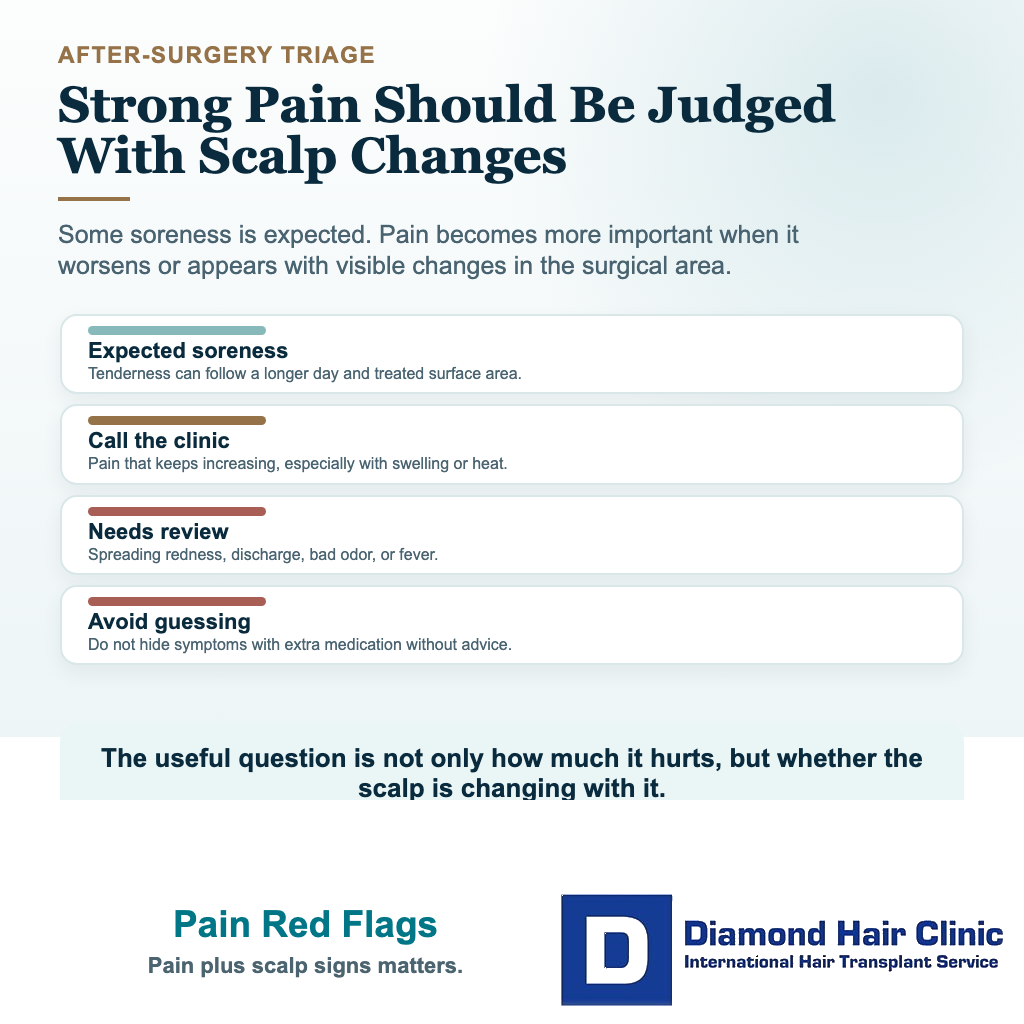 Hair transplant pain visual explaining when strong pain needs clinic review