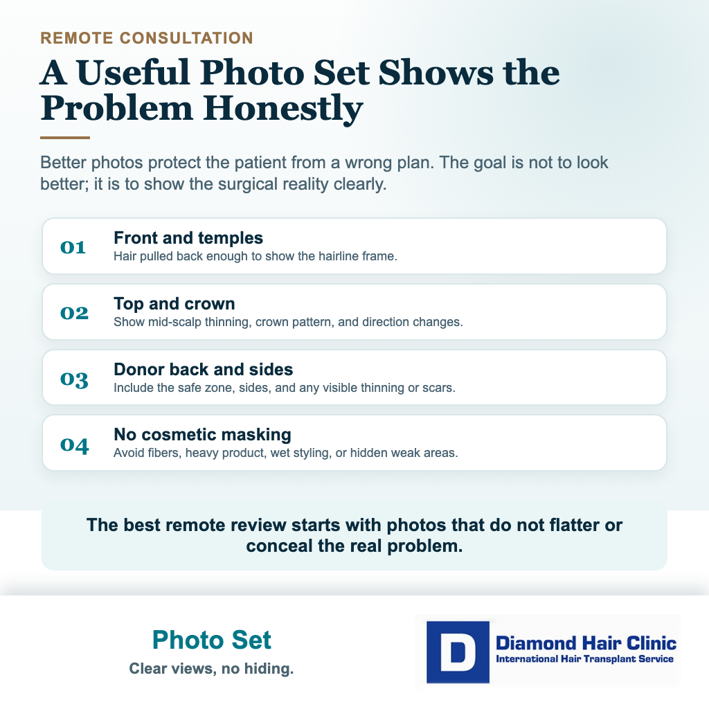 Visual guide showing which photos to send for a more useful remote hair transplant consultation