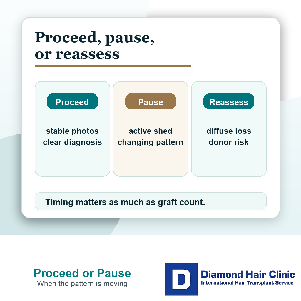 Hair transplant planning card comparing proceed, pause, and reassess decisions when hair loss continues on medication