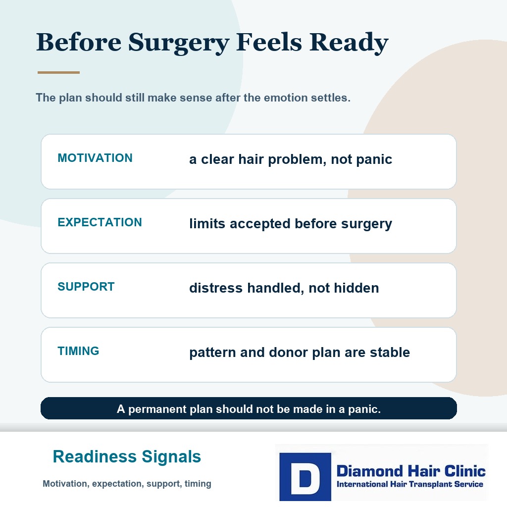 Decision card showing motivation expectation support and timing before hair transplant surgery