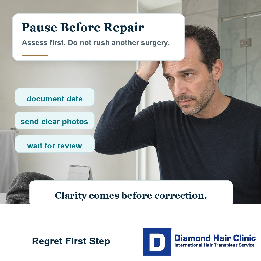 Visual showing that hair transplant regret should be assessed calmly before planning repair surgery