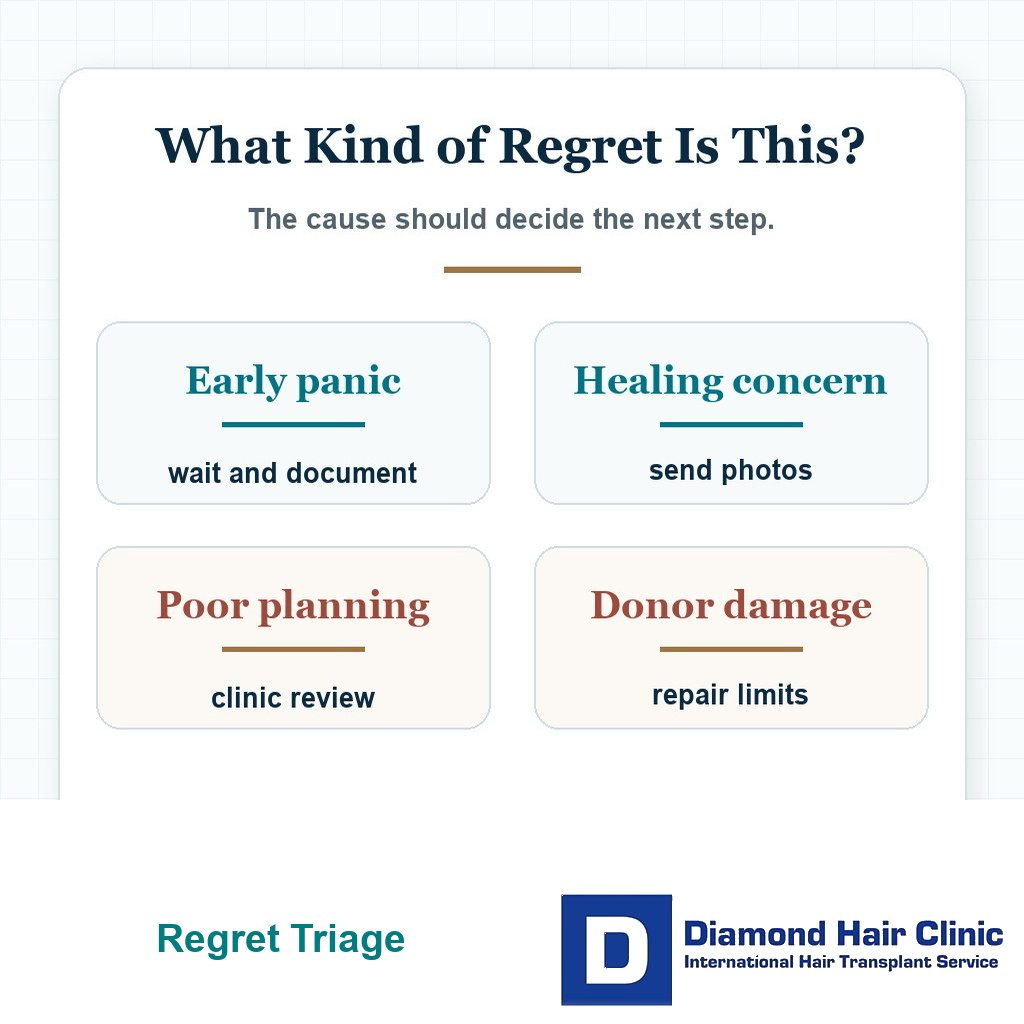 Decision card helping patients separate normal early hair transplant regret from warning signs needing clinic review