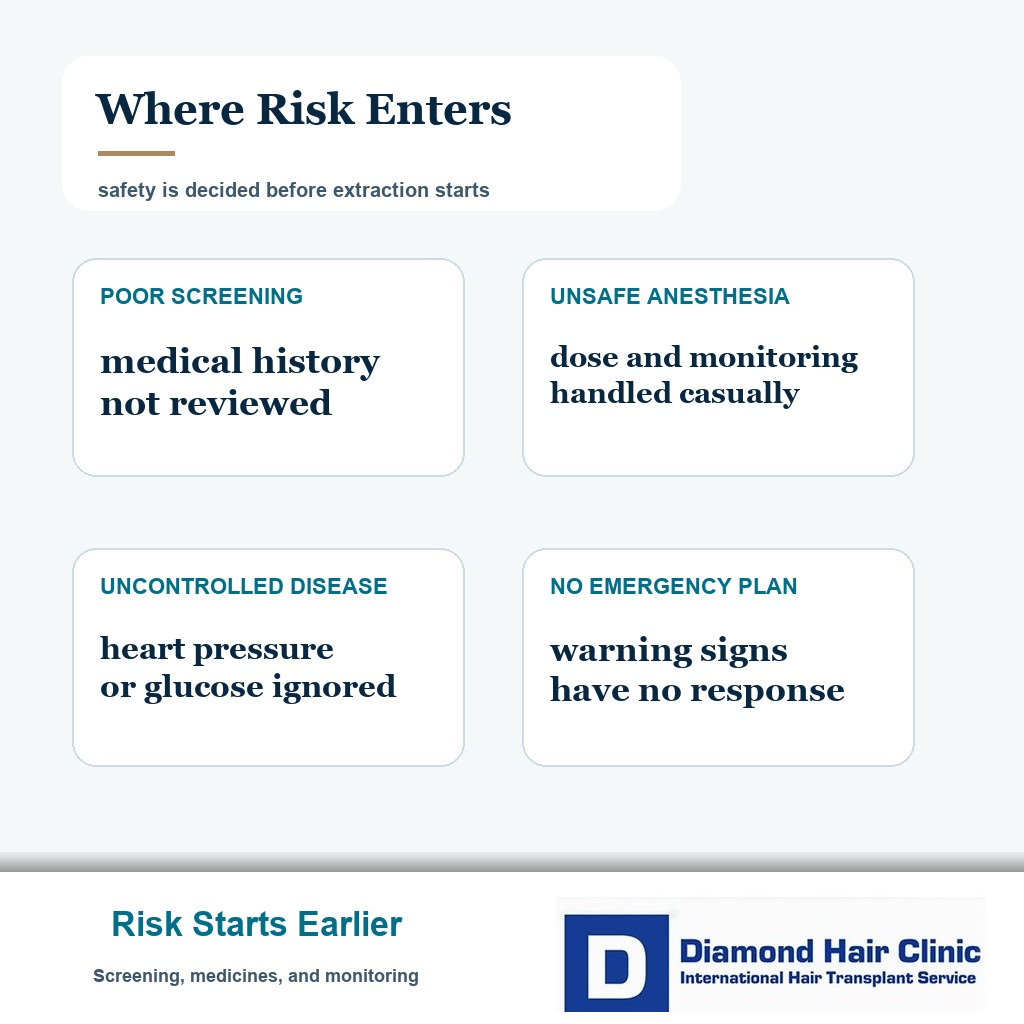 Safety card explaining poor screening unsafe anesthesia uncontrolled disease and no emergency plan before hair transplant
