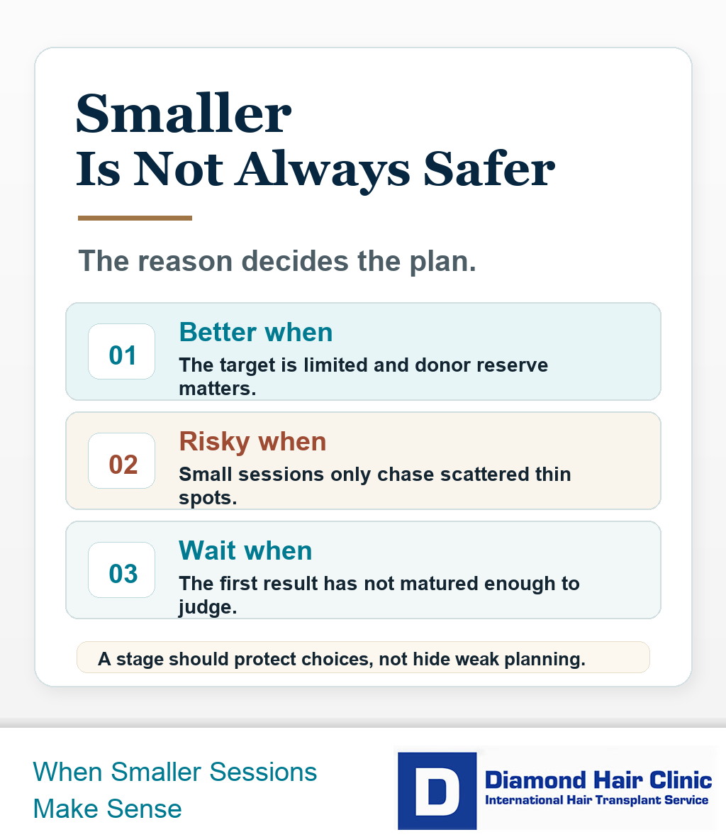 Decision card explaining when smaller hair transplant sessions help and when one larger session may be better
