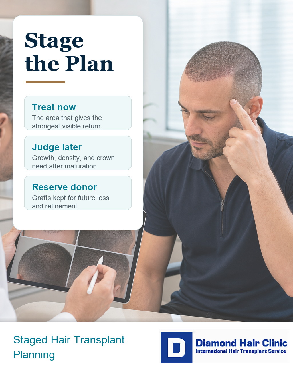 Photo-based explanatory visual showing how a staged hair transplant plan protects coverage and donor grafts