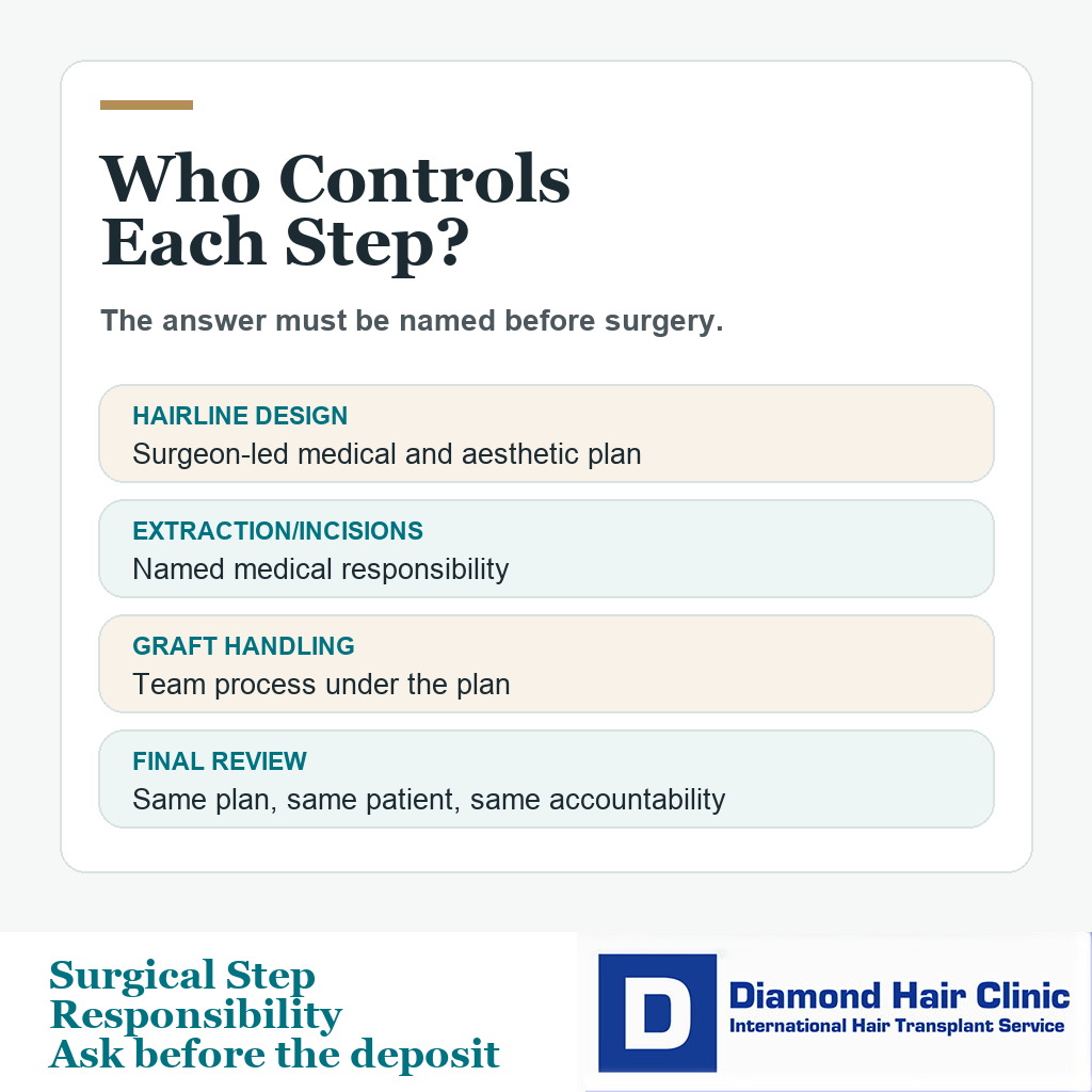 Decision card showing surgical steps that need clear surgeon responsibility in hair transplant surgery