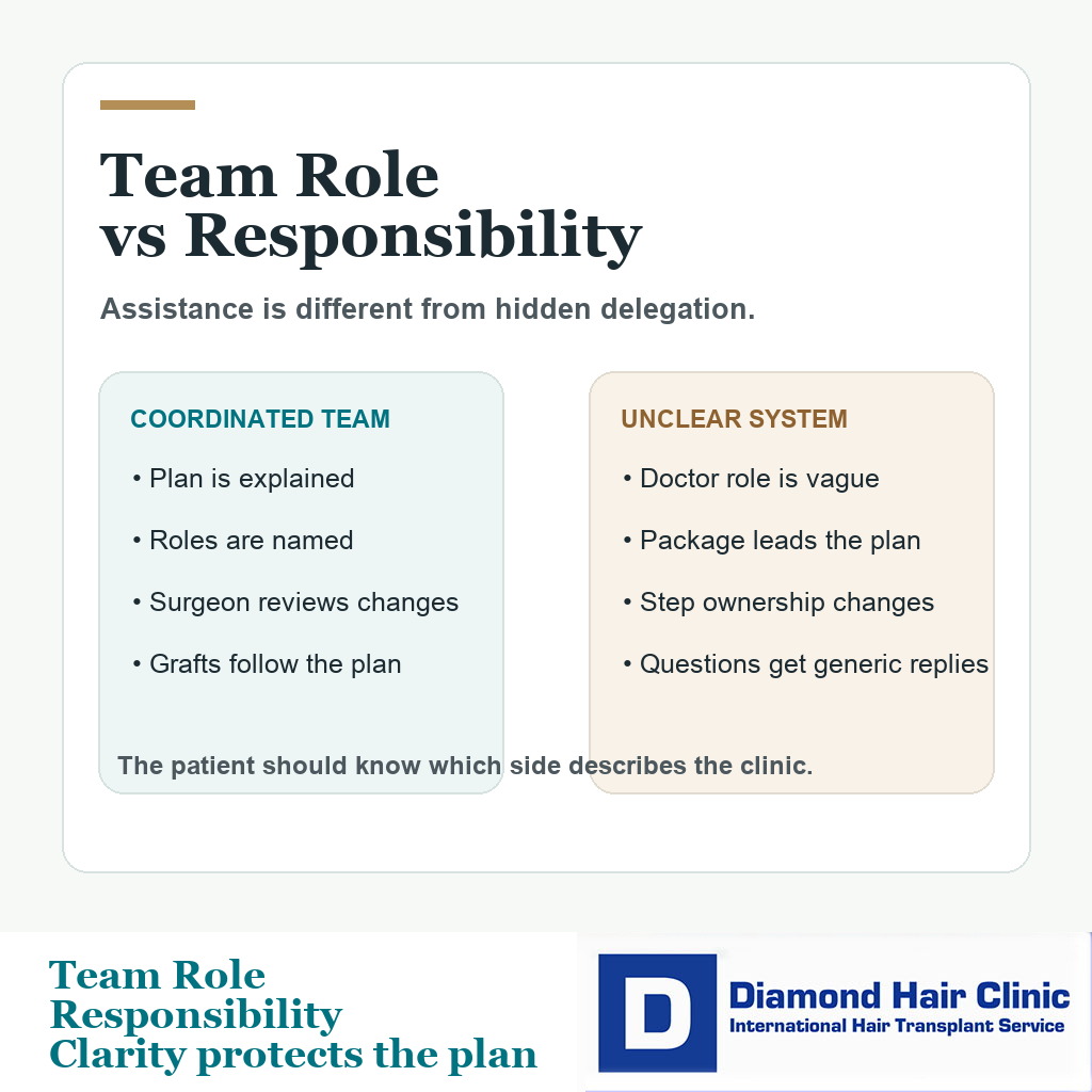 Comparison card separating coordinated hair transplant team roles from unclear surgical responsibility