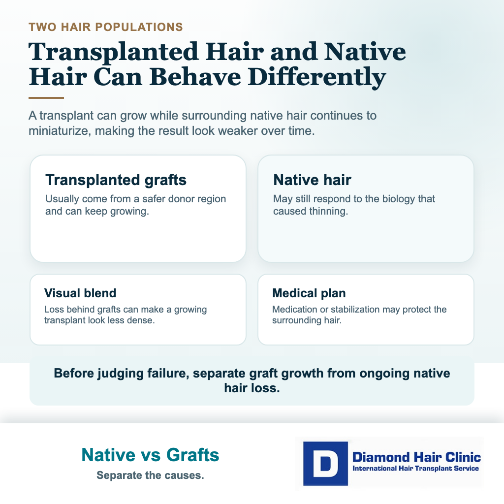 Visual comparing transplanted graft growth and continued native hair thinning after a hair transplant