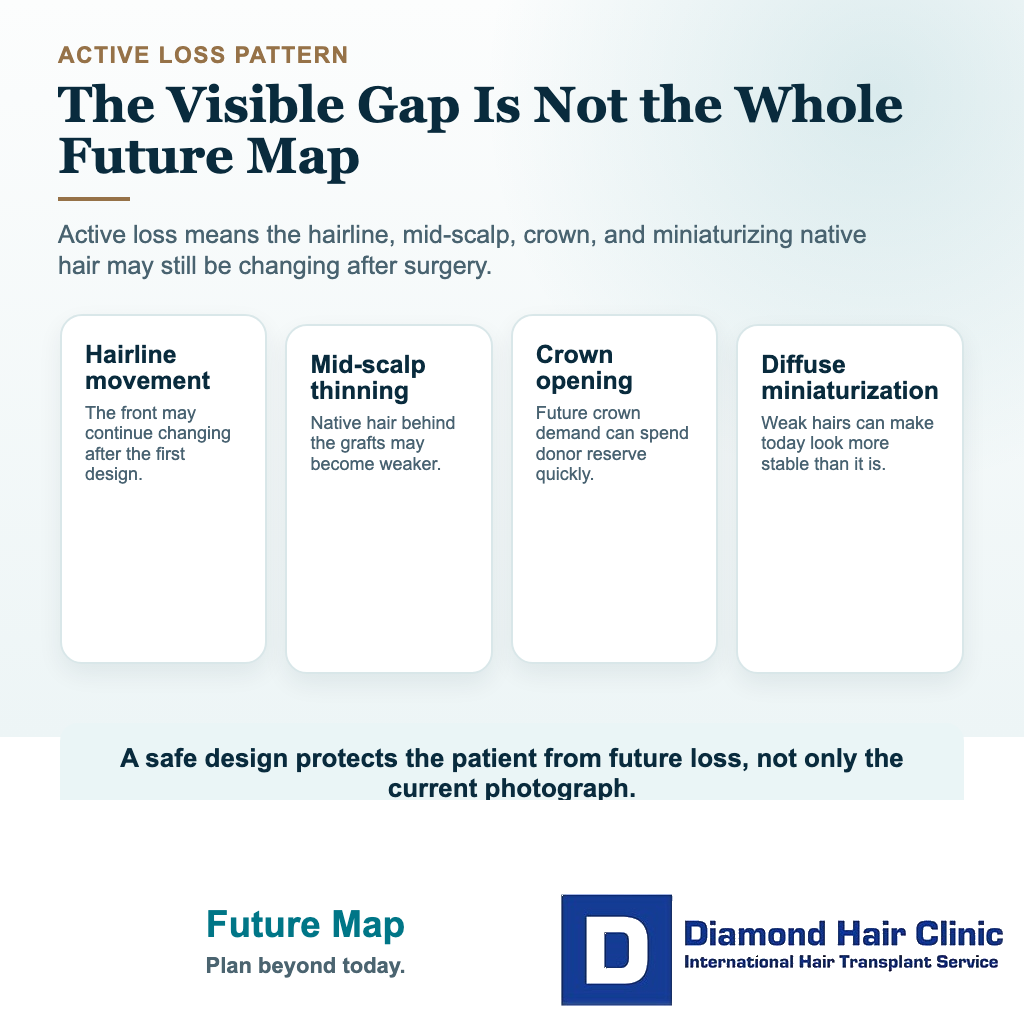 Visual explaining how active hair loss pattern changes affect hair transplant timing decisions
