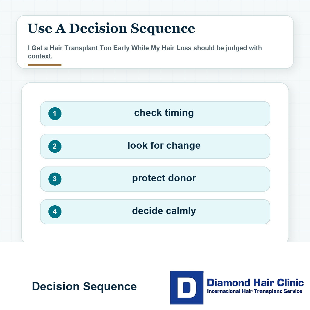 Decision sequence visual for active hair loss timing after an early hair transplant