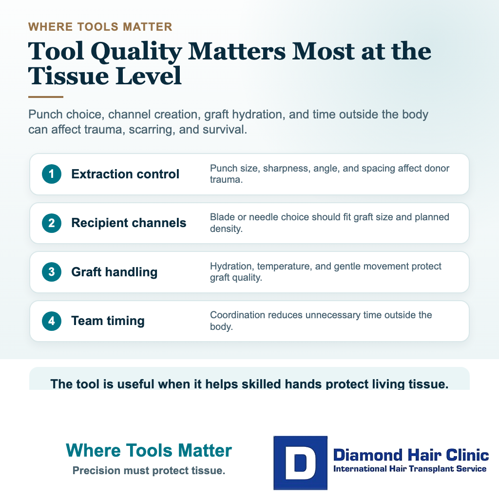 Visual explaining when hair transplant tools matter at tissue level, including extraction control, recipient channels, graft handling, and team timing.