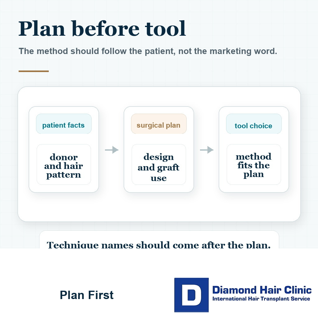 Visual showing patient facts and surgical planning should come before choosing a hair transplant tool or technique