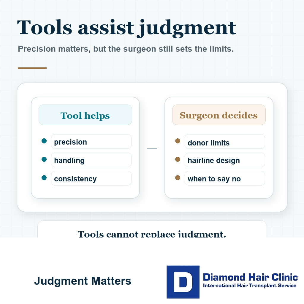 Visual comparing what hair transplant tools can help with and what surgeon judgment must decide