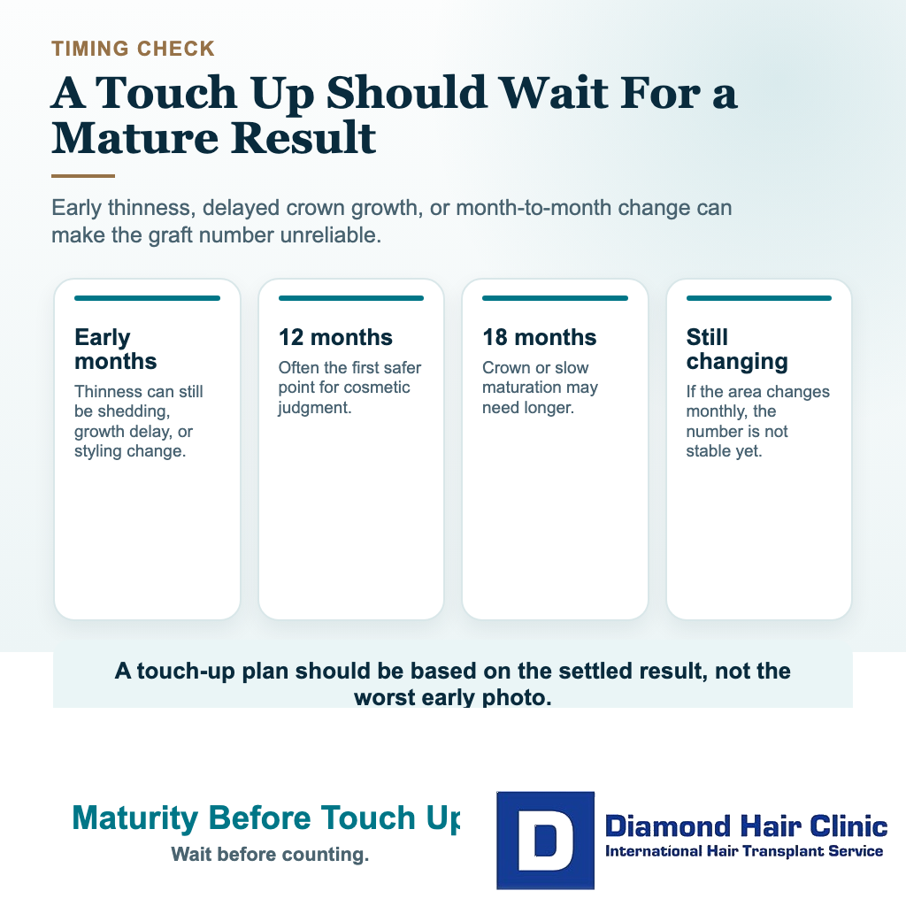 Visual explaining why hair transplant touch up planning should wait until the first result has matured