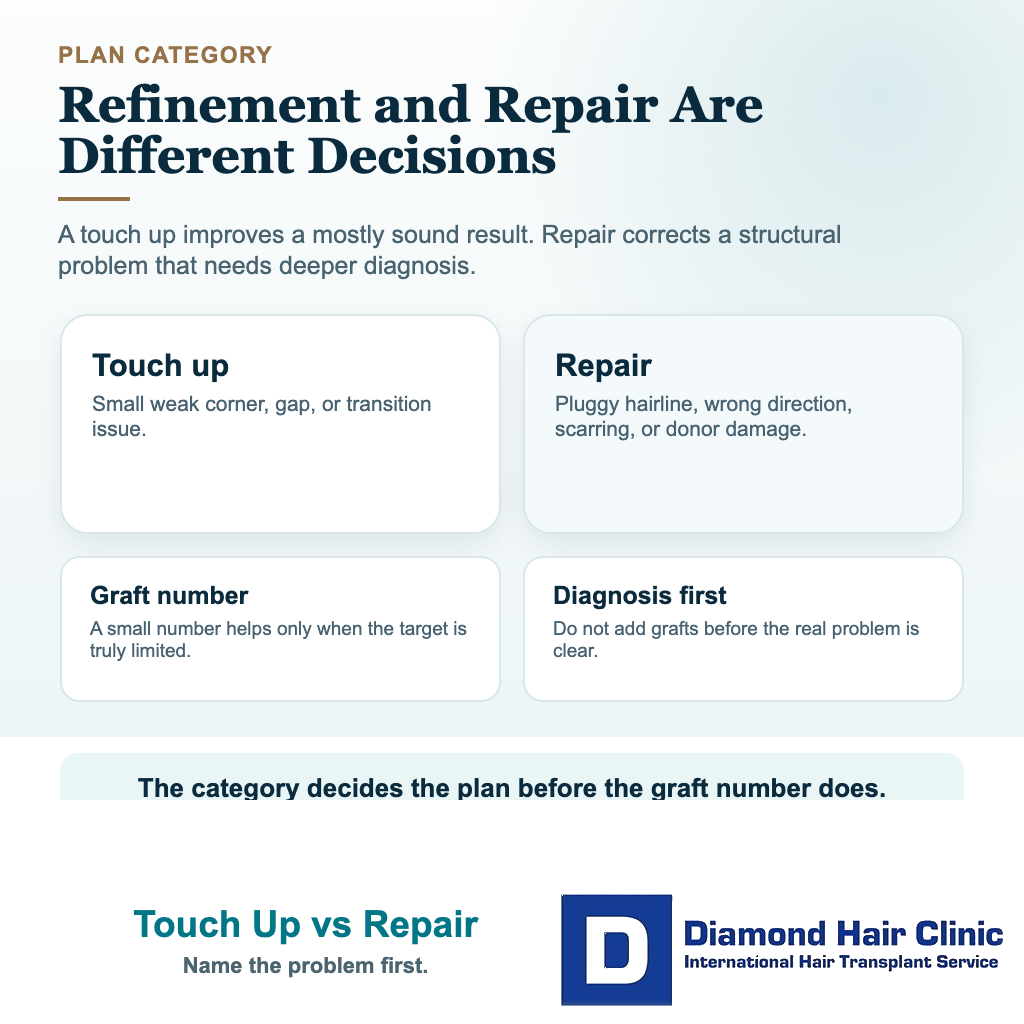 Visual explaining the difference between a hair transplant touch up and repair surgery