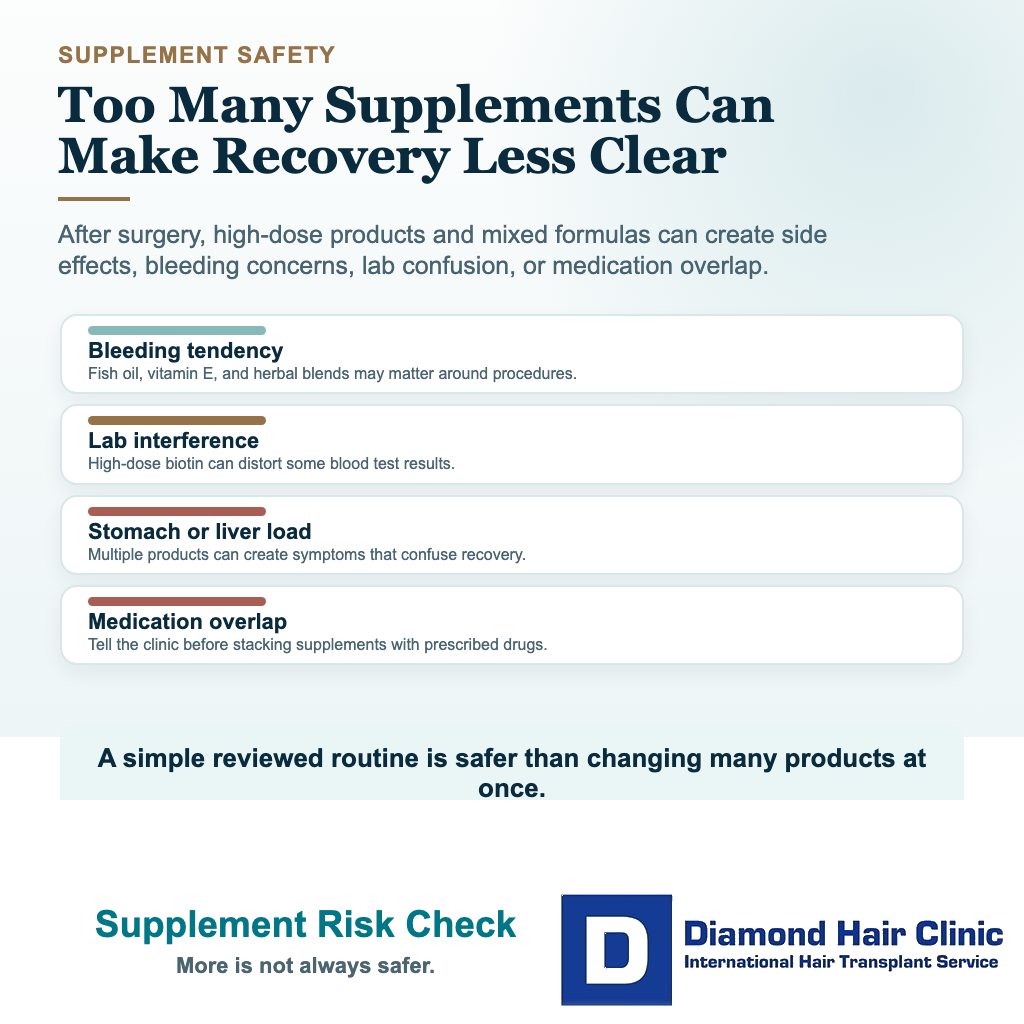 Supplement risk check card after hair transplant covering bleeding risk, lab interference, stomach or liver load, and medication overlap