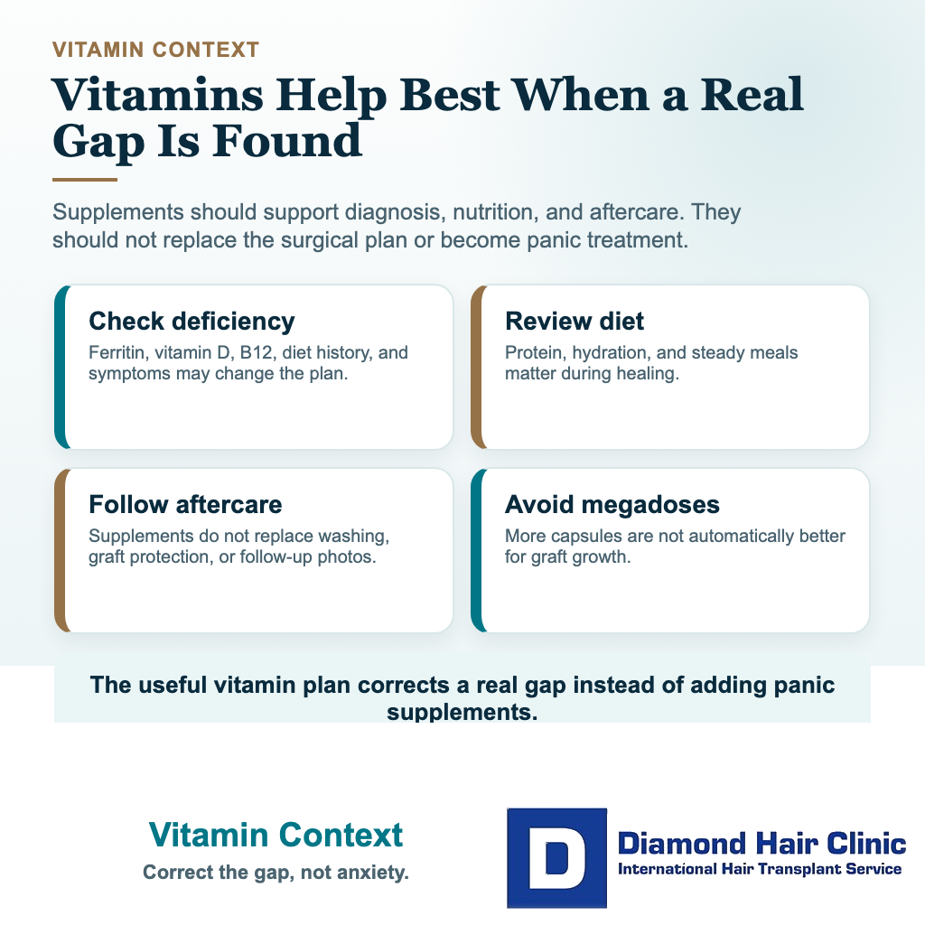 Vitamin context card after hair transplant explaining deficiency checks, diet review, aftercare, and avoiding megadoses