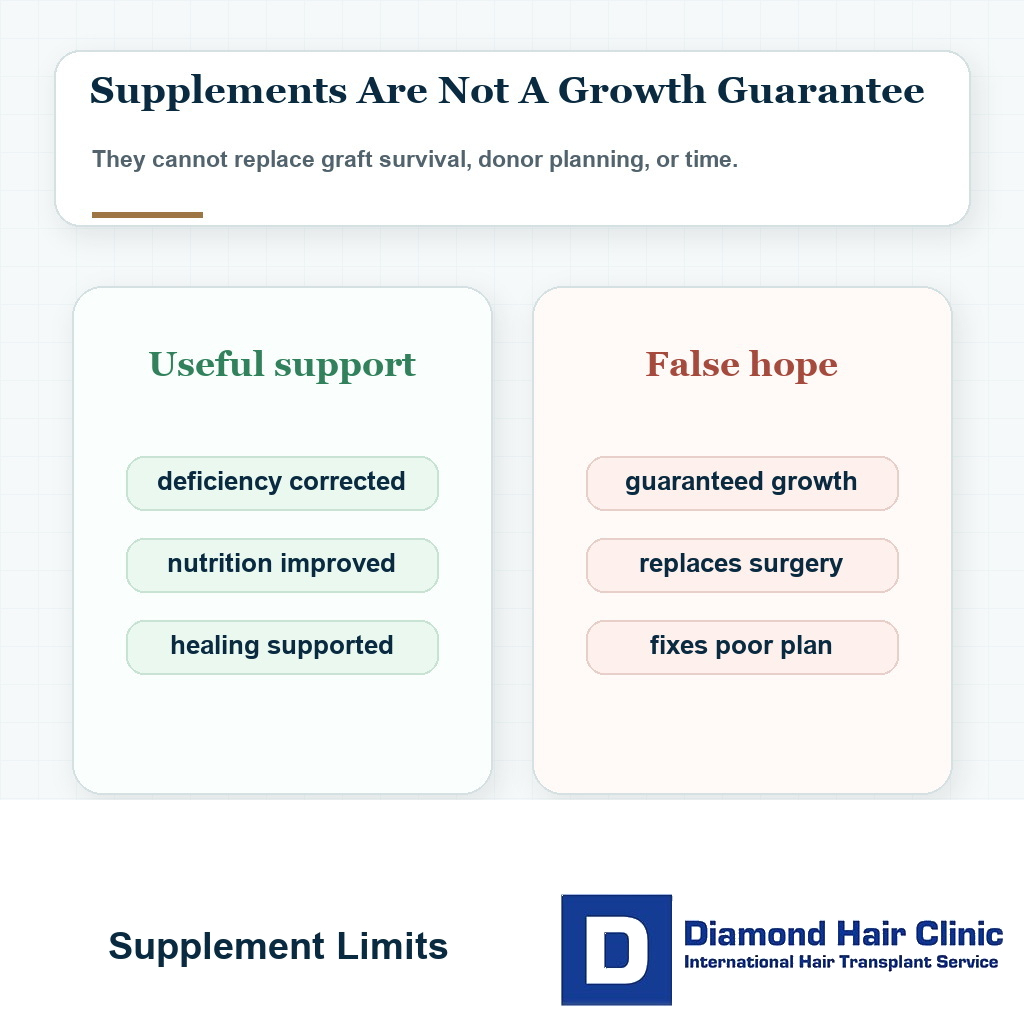 Comparison card explaining vitamin supplement limits after hair transplant