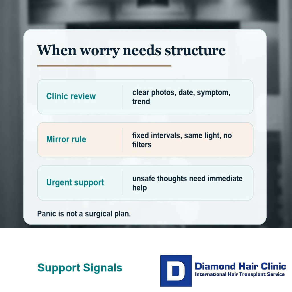 Diamond Hair Clinic visual showing when post hair transplant worry needs clinic review or urgent mental health support