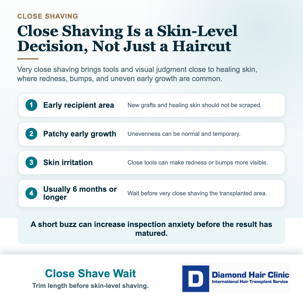 Hair transplant haircut visual explaining why close shaving the recipient area should wait