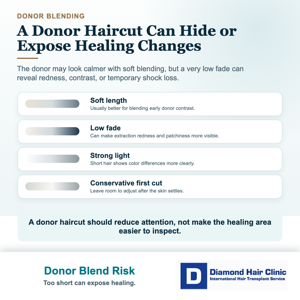 Hair transplant haircut visual explaining donor area blending and fade risk after FUE