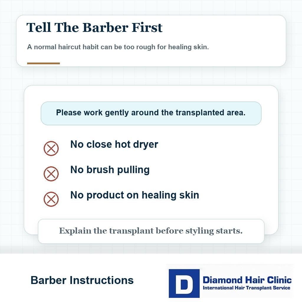 Instruction card for telling a barber to avoid close shaving, rubbing, pulling, and products on healing transplant skin