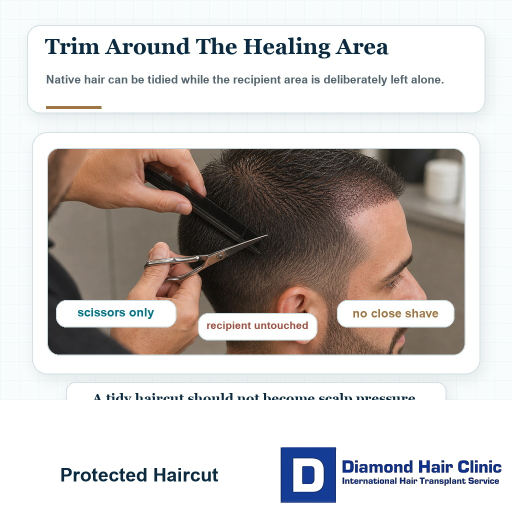 Haircut visual showing scissors trimming native hair while the transplanted recipient area is kept untouched