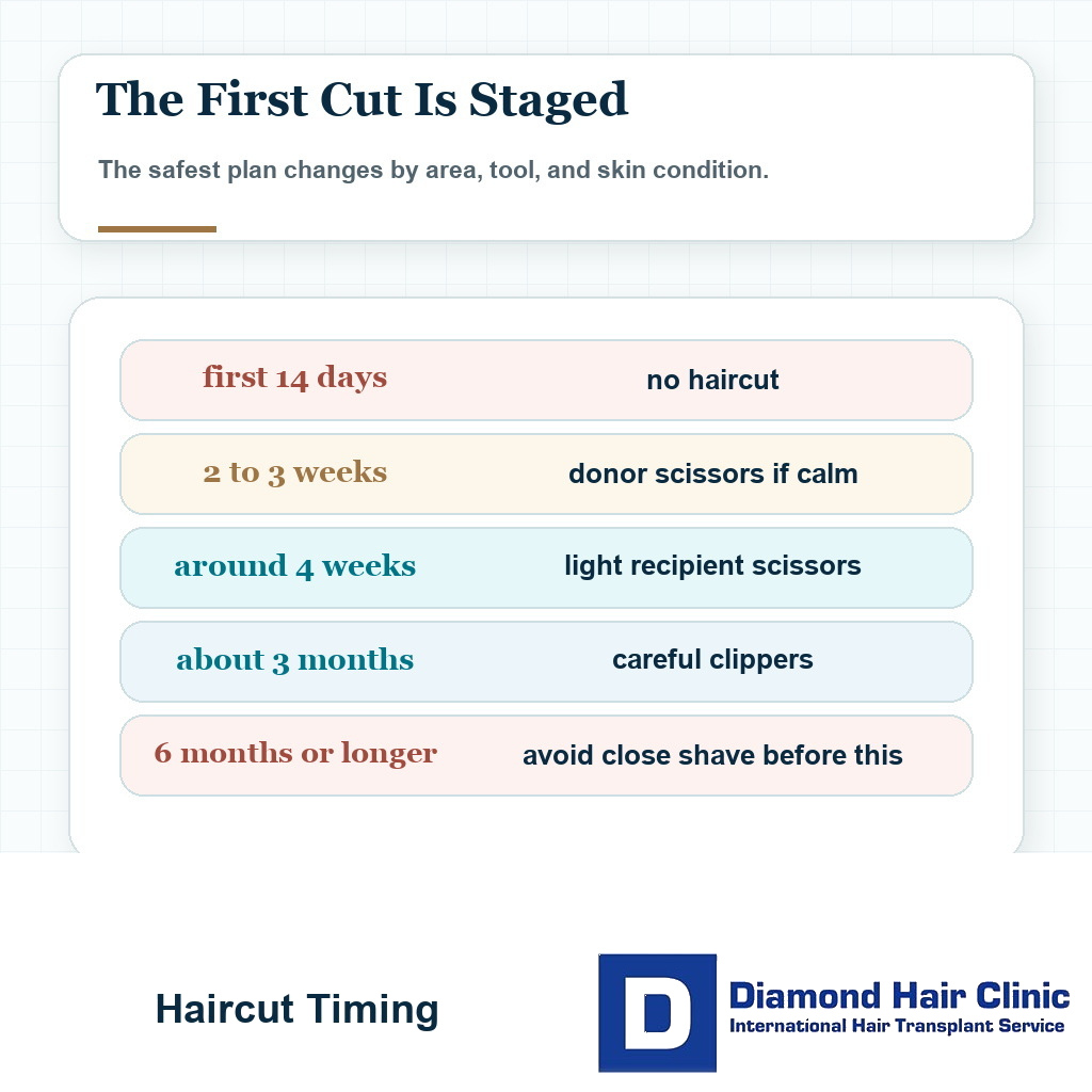Hair transplant haircut timing card showing when to avoid cutting, use scissors, use clippers, and delay close shaving
