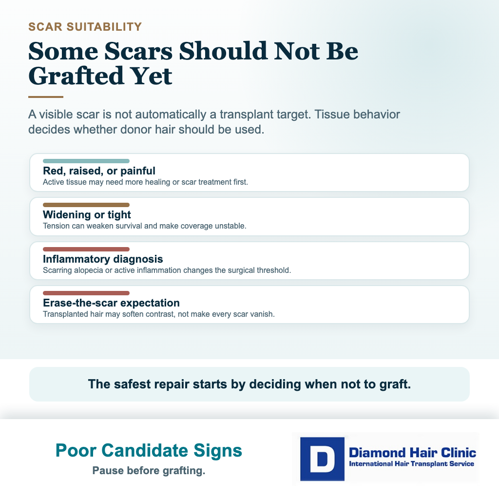 Diamond Hair Clinic visual explaining poor candidate signs before grafting into a hairline advancement scar