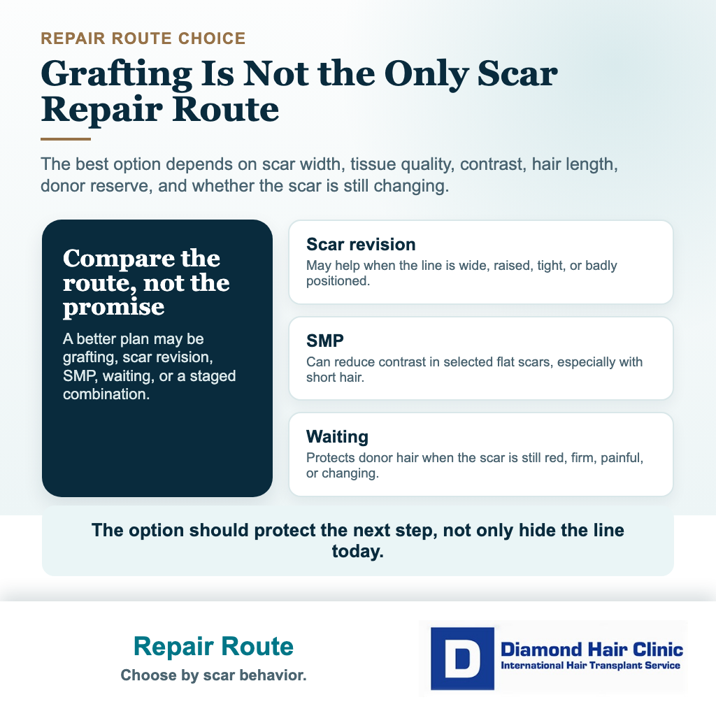 Diamond Hair Clinic visual comparing grafting scar revision SMP and waiting for hairline advancement scar repair planning