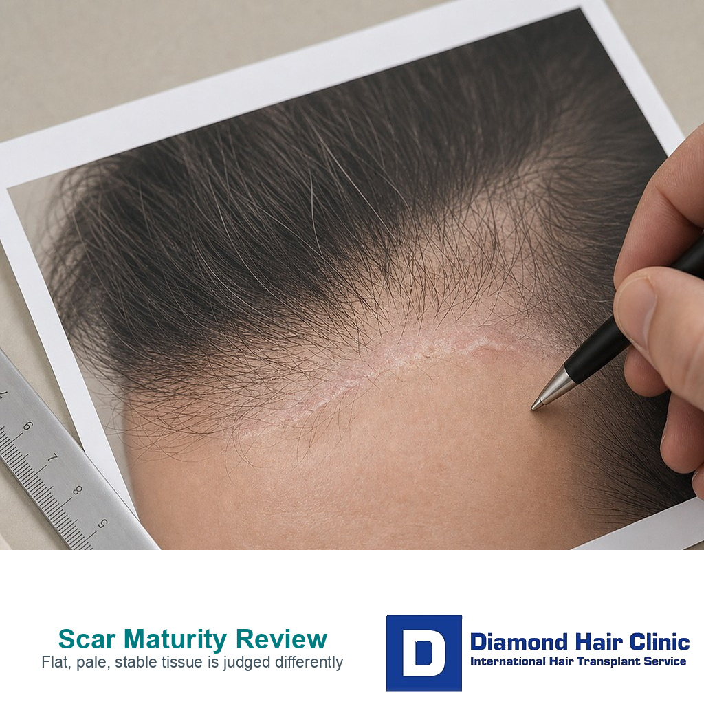 Close review of a mature hairline advancement scar before graft planning