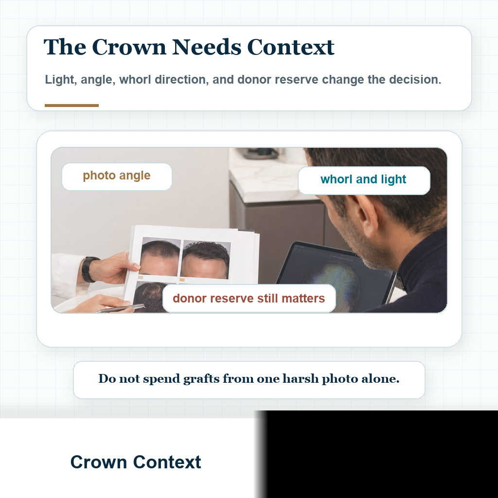 Crown planning visual showing that light angle whorl direction and donor reserve change crown hair transplant decisions