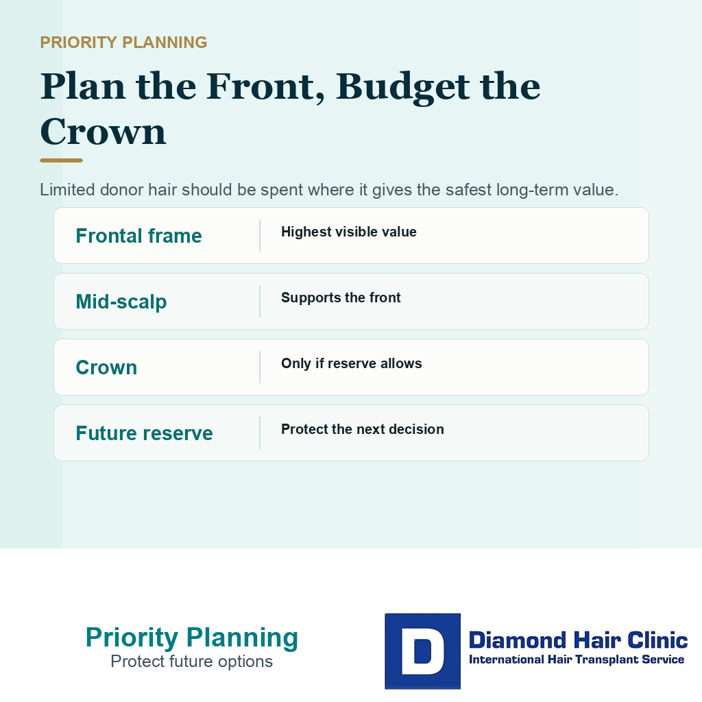 Planning card showing donor hair should be budgeted between frontal frame mid scalp crown and future reserve instead of divided evenly