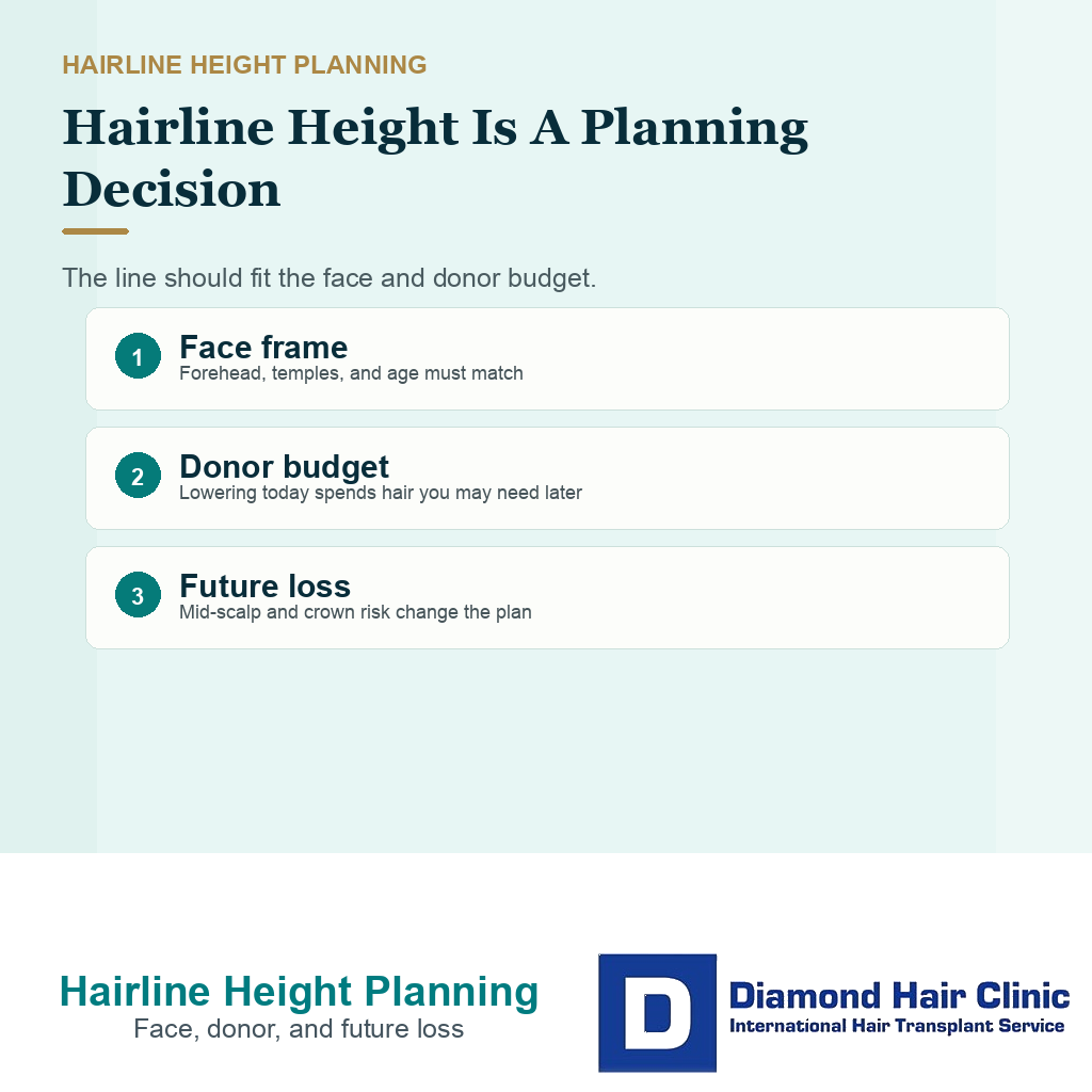 Photo based planning visual showing careful hairline height assessment before lowering a transplanted hairline