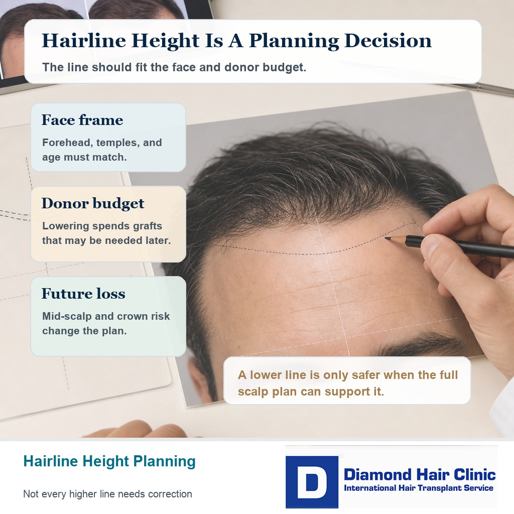 Photo based planning visual showing careful hairline height assessment before lowering a transplanted hairline