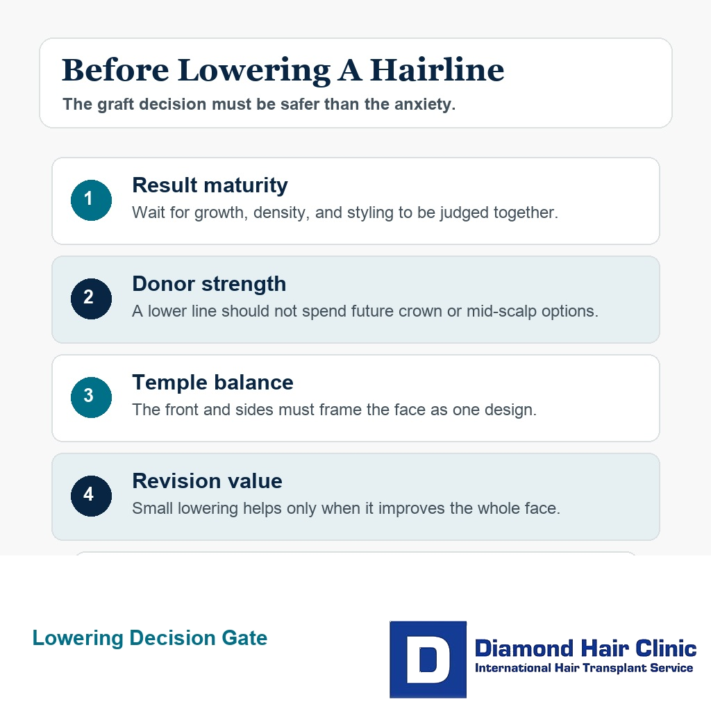 Information card explaining when lowering a transplanted hairline may be safe or unwise