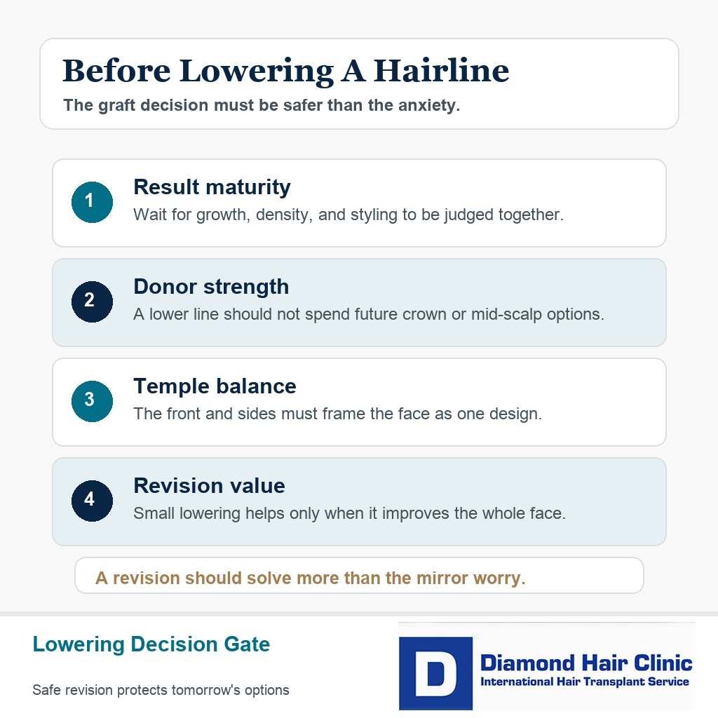Information card explaining when lowering a transplanted hairline may be safe or unwise