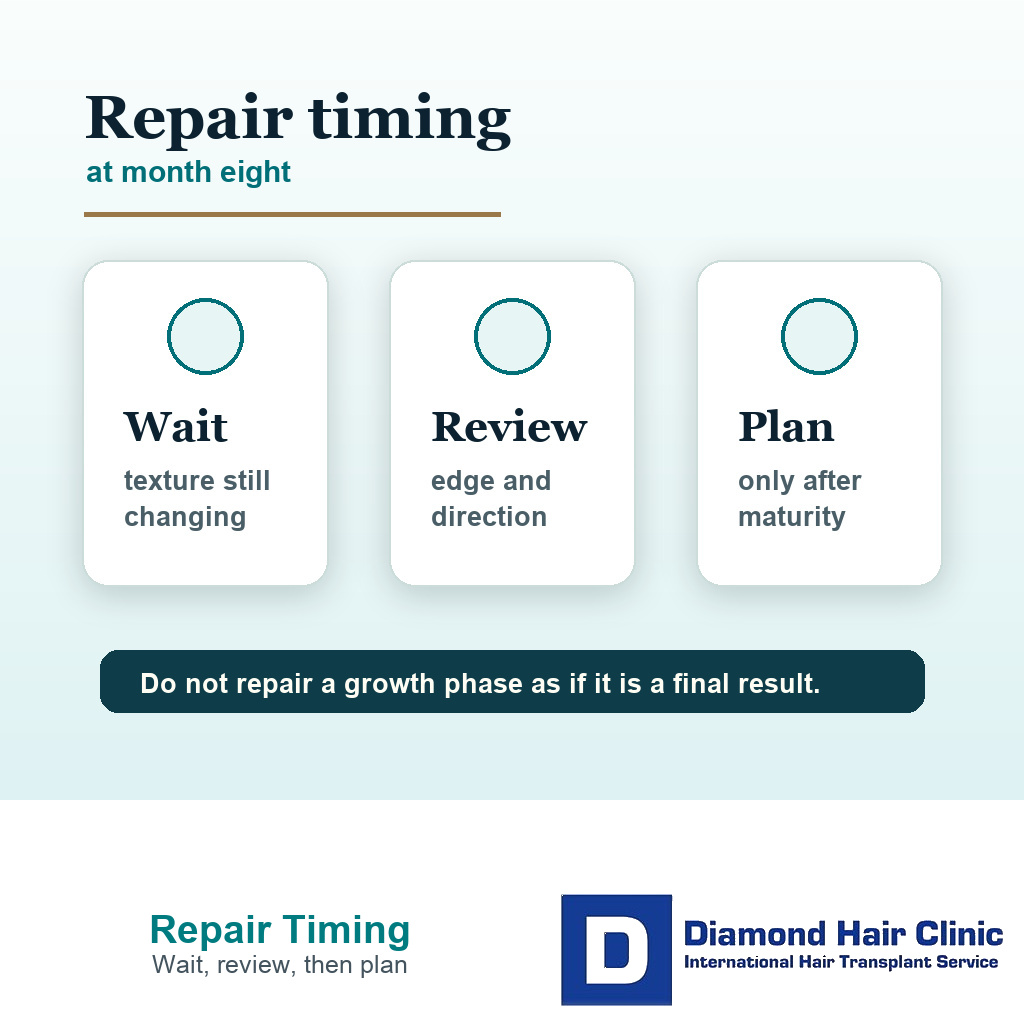 Decision card showing when to wait, review, or plan hairline repair at month eight after FUE