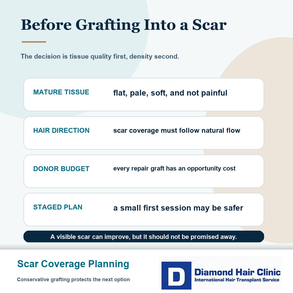 Decision card showing mature tissue hair direction donor budget and staged plan before grafting into a scar