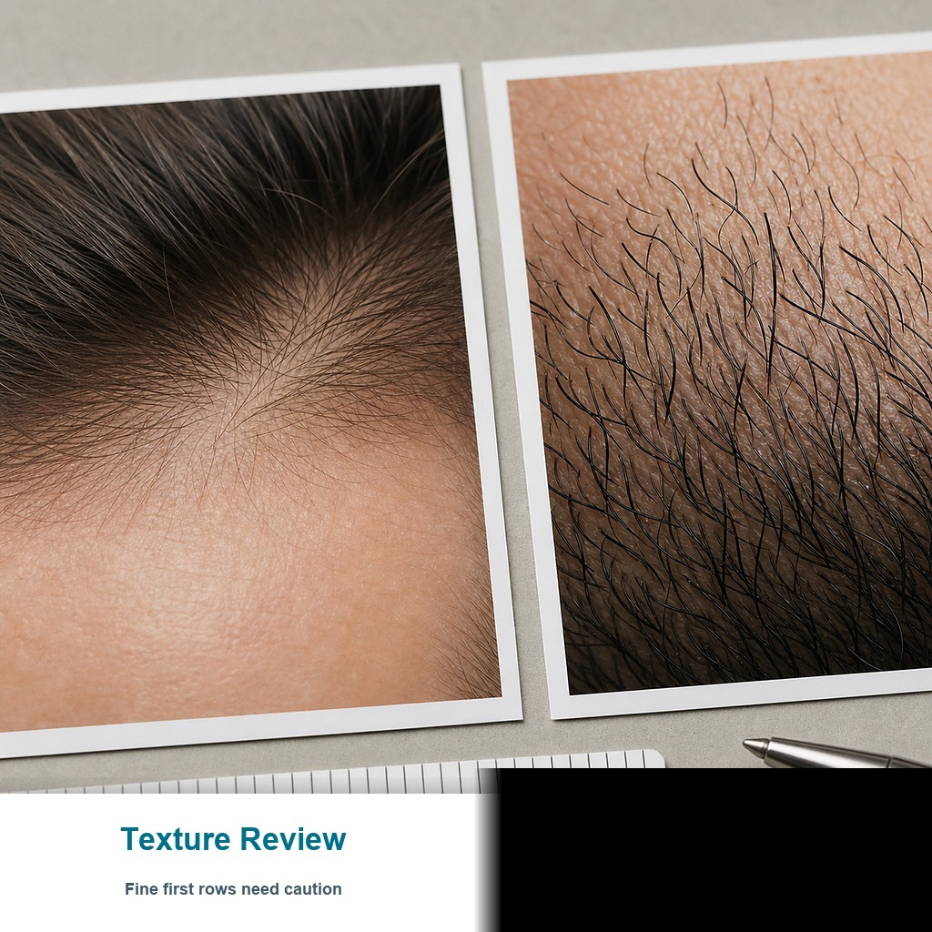 Printed hair photos comparing fine frontal hairline texture with coarser beard or body hair texture
