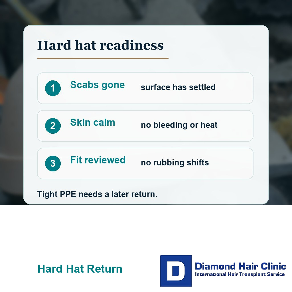Hard hat return card showing clean scalp, settled scabs, and pressure review before physical work after hair transplant.