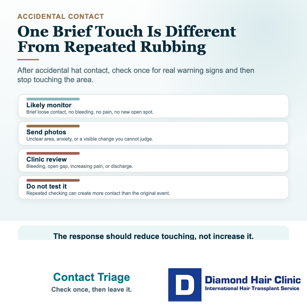 Triage card showing what to check after accidental hat contact with grafts after a hair transplant